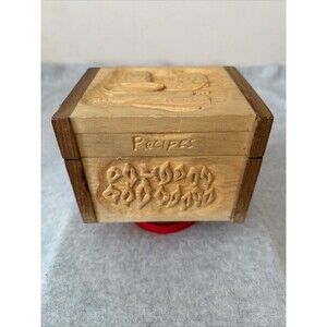 Vintage Wooden Recipe Box Hand Carved Hinged Lid Farmhouse Kitchen Decor